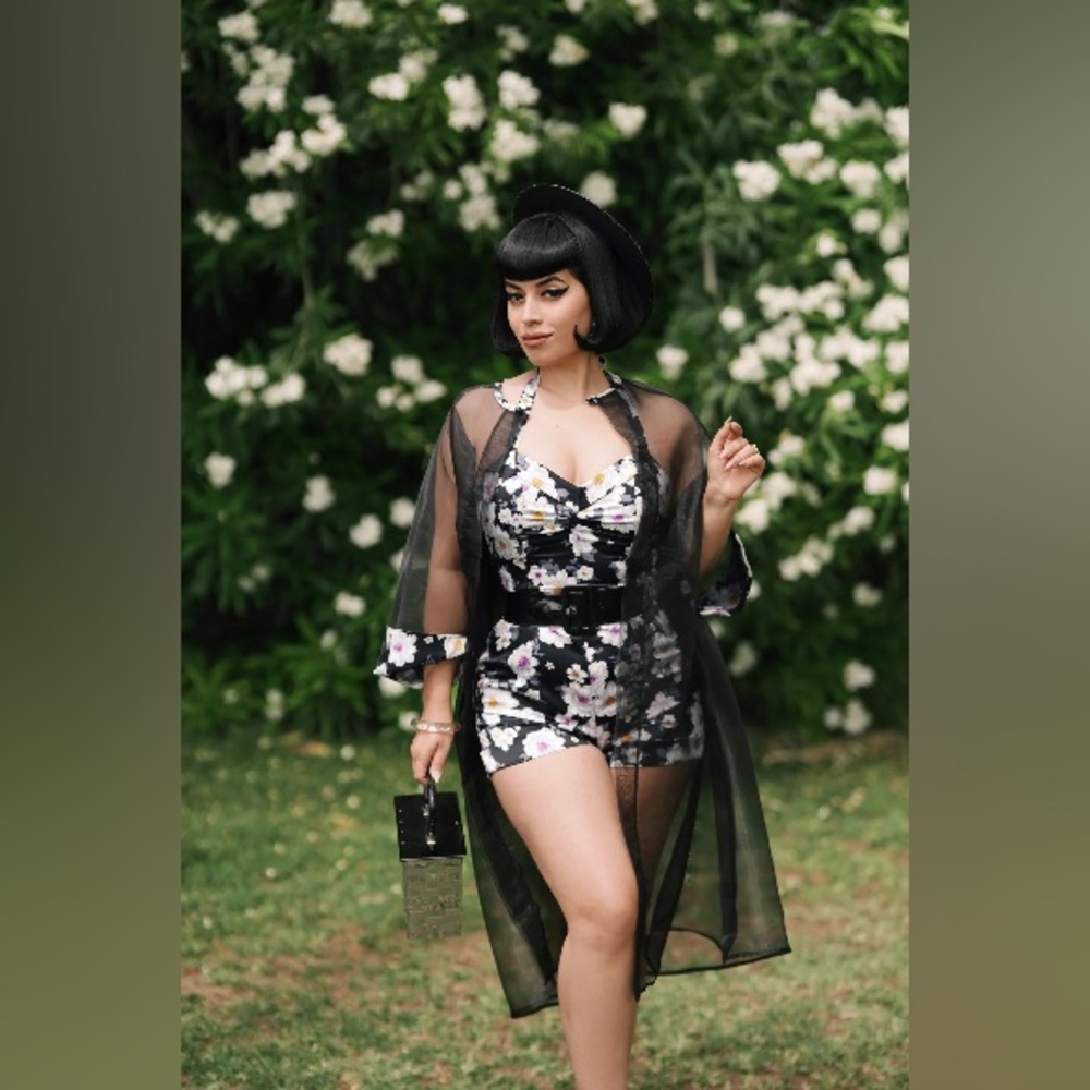 Pinup Floral Black Sheer Kimono and Romper Set